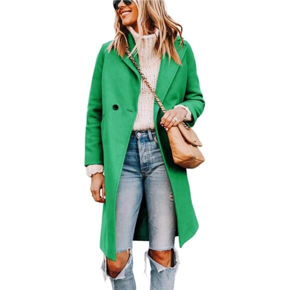 Women's Notch Lapel Double Breasted Trench Coat Green - Picture 2 of 6